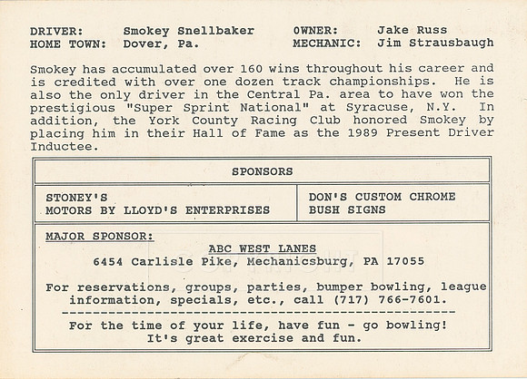 #11 Smokey Snellbaker Driver Card (Back)