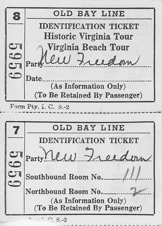 Old Bay Line - Baltimore Steam Packet Co - ID Ticket for Historic Virginia and Virginia Beach Tour 1947-2