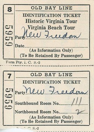 Old Bay Line - Baltimore Steam Packet Co - ID Ticket for Historic Virginia and Virginia Beach Tour 1947