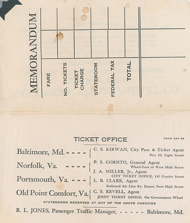 Old Bay Line - Baltimore Steam Packet Co - Ticket Envelope inside