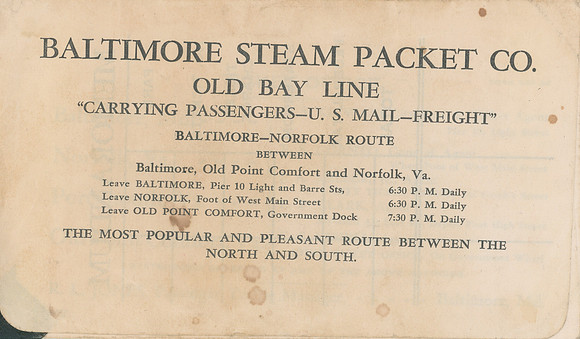 Old Bay Line - Baltimore Steam Packet Co - Ticket Envelope outside back