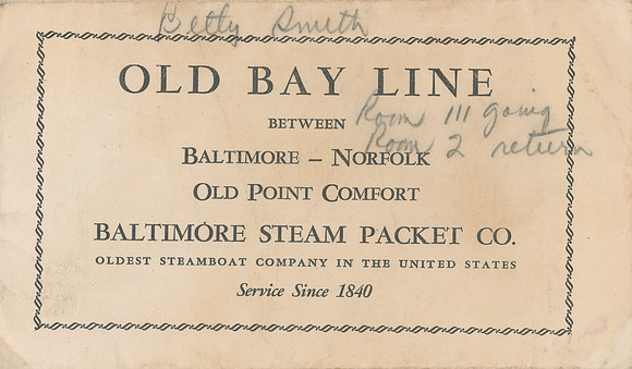 Old Bay Line - Baltimore Steam Packet Co - Ticket Envelope outside front
