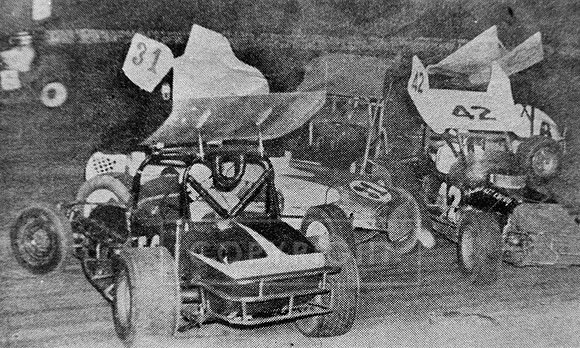 #56 Mike lloyd, #8 Johnny Crawford, #6 Mith Smith, #42 M. Wales and #31 J. Angeloff Wreck at Williams Grove